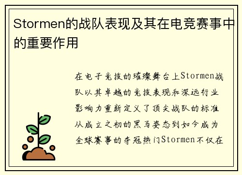 Stormen的战队表现及其在电竞赛事中的重要作用