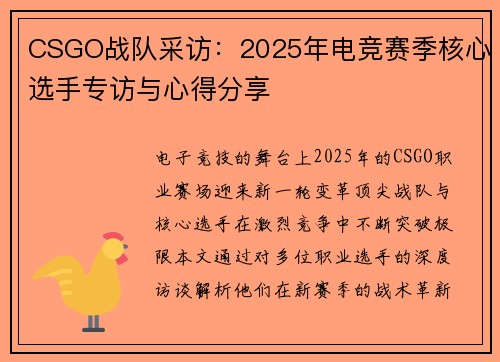 CSGO战队采访：2025年电竞赛季核心选手专访与心得分享